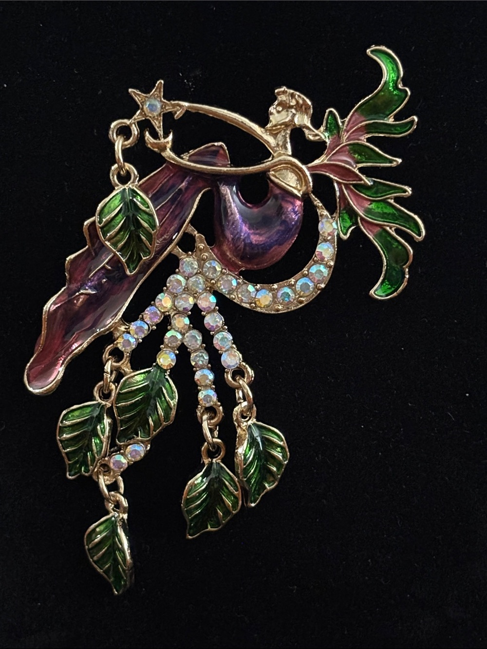 Green and Purple Enamel fairy Leaf Cascade Brooch with Aurora Crystal Drops